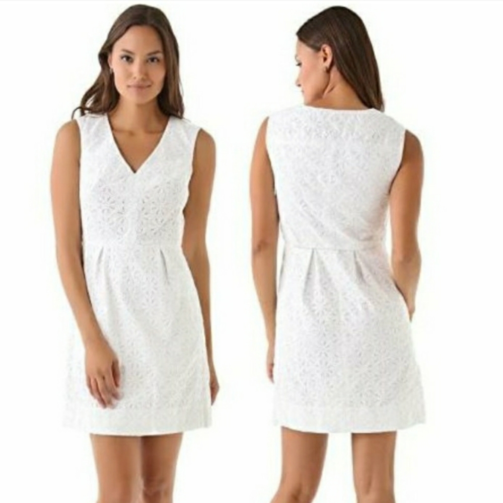 DVF Fumi Burst White Lace Dress Sz 8 Cotton Eyelet Sleeveless Aline V-neck